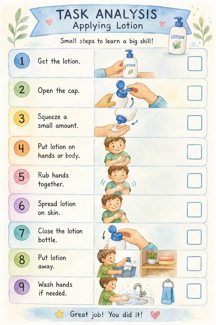 Preview of the Applying Lotion Visual Schedule — 9-step picture chart
