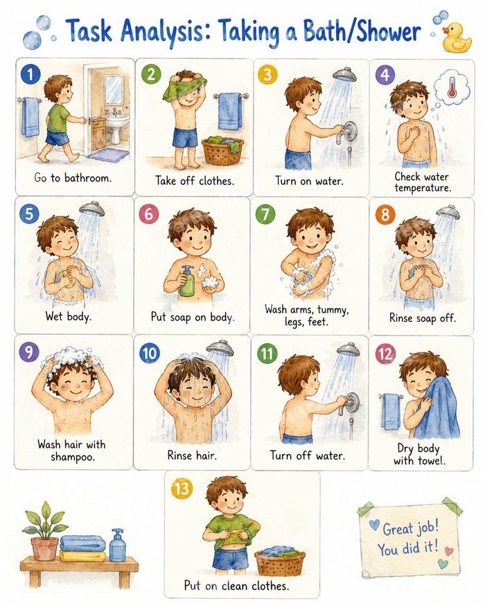 Preview of the Bath Time Visual Schedule — 13-step picture chart