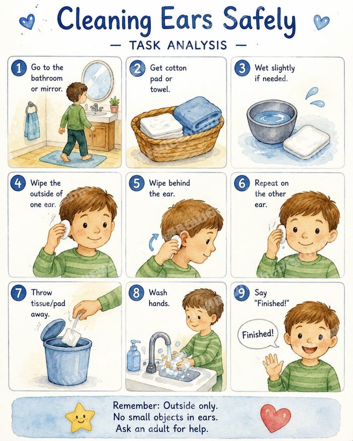 Preview of the Cleaning Ears Safely Visual Schedule — 9-step picture chart