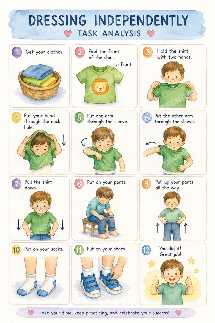 Preview of the Dressing Independently Visual Schedule — 12-step picture chart
