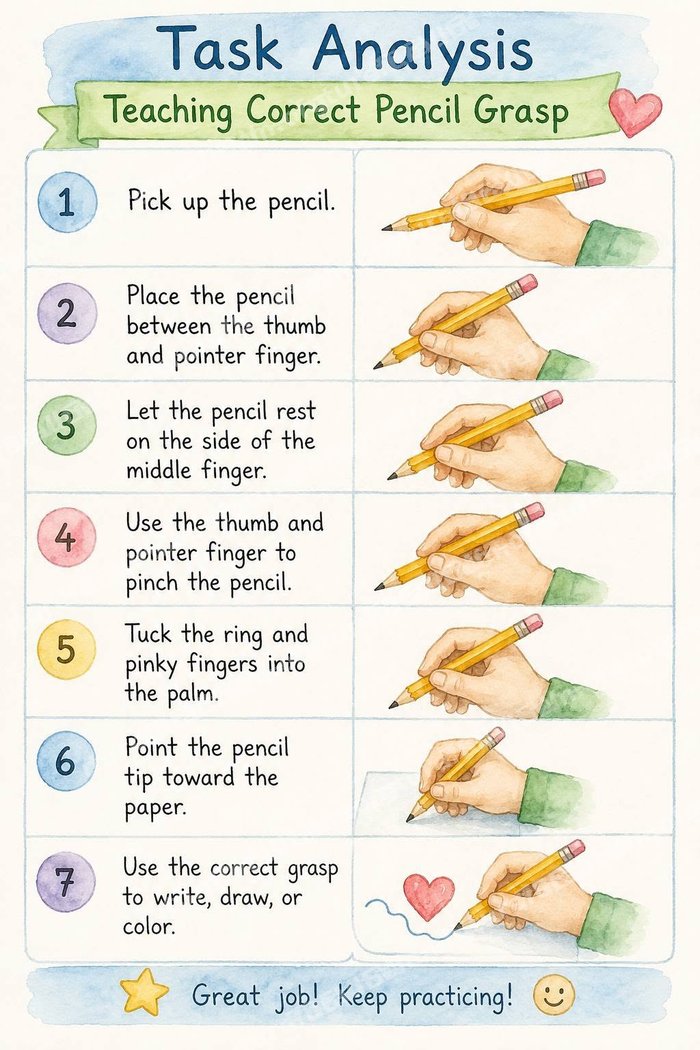 Preview of the Correct Pencil Grasp Visual Schedule — 7-step picture chart