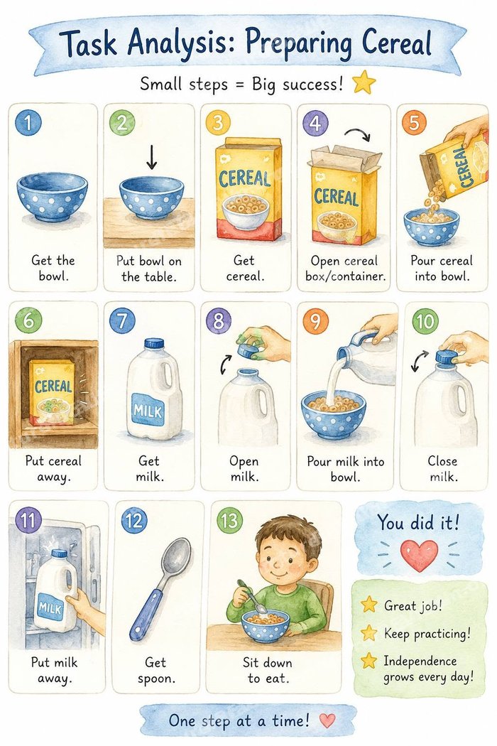 Preview of the Preparing Cereal Visual Schedule — 13-step picture chart