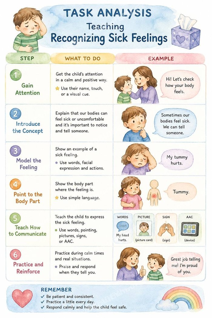 Preview of the Recognizing Sick Feelings Visual Schedule — 6-step picture chart