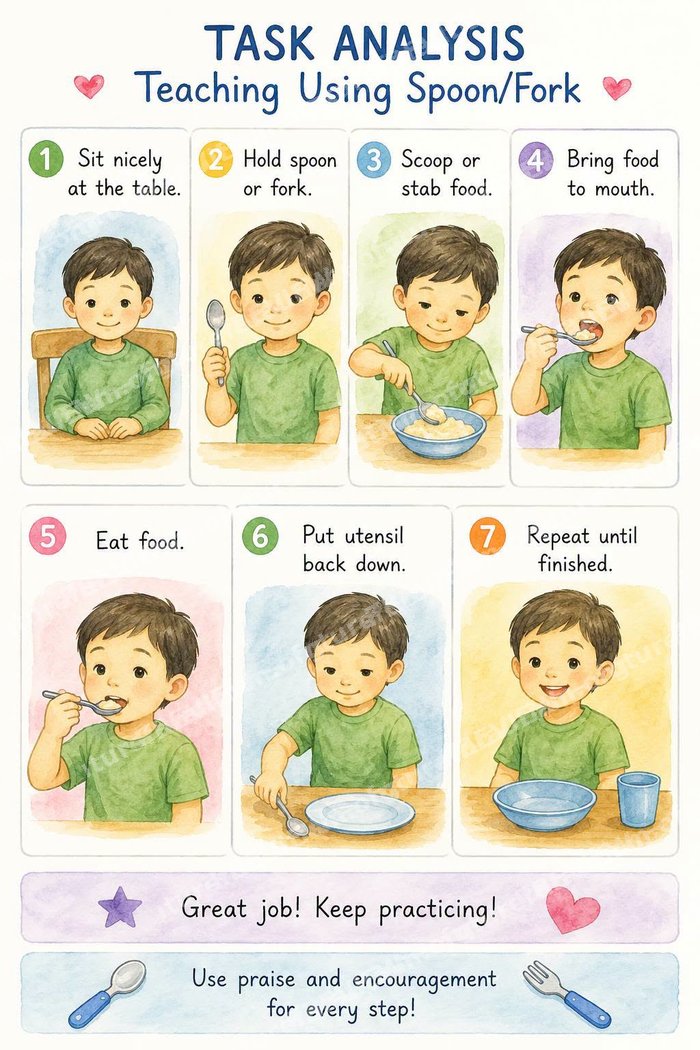 Preview of the Using Spoon & Fork Visual Schedule — 7-step picture chart
