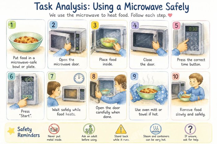 Preview of the Using a Microwave Safely Visual Schedule — 10-step picture chart