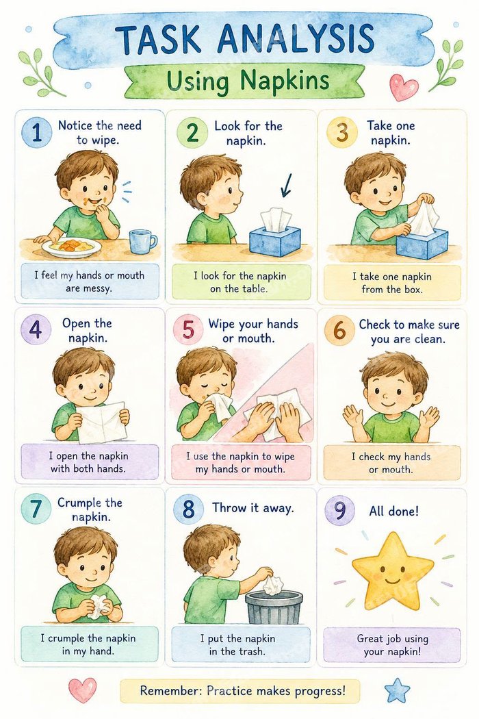Preview of the Using Napkins Visual Schedule — 9-step picture chart