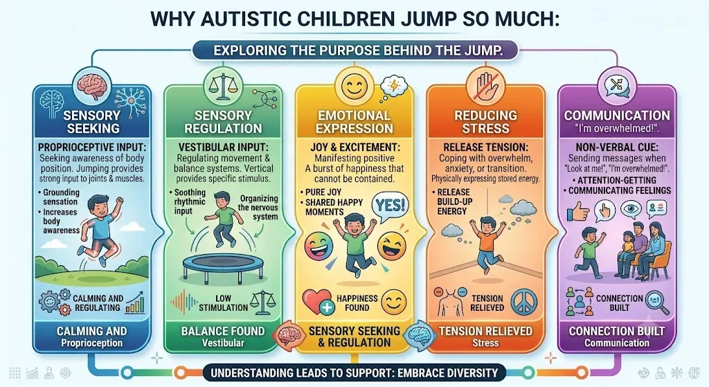 Infographic showing five reasons autistic children jump: sensory seeking through proprioceptive input, sensory regulation through vestibular input, emotional expression during joy and excitement, reducing stress and releasing tension, and communication as a non-verbal cue for attention or overwhelm.