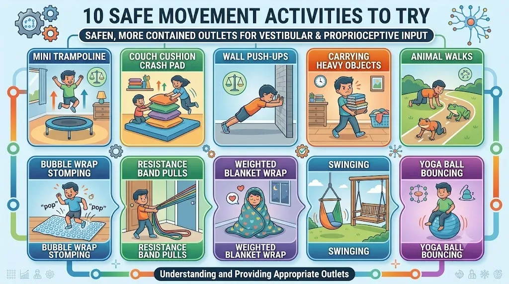 Infographic showing 10 safe movement activities for autism: mini trampoline, couch cushion crash pad, wall push-ups, carrying heavy objects, animal walks, bubble wrap stomping, resistance band pulls, weighted blanket wrap, swinging, and yoga ball bouncing.