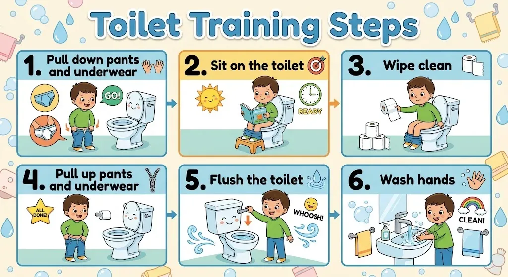 Six step child-facing toilet training visual sequence: pull down pants and underwear, sit on the toilet, wipe clean, pull up pants and underwear, flush the toilet, and wash hands.