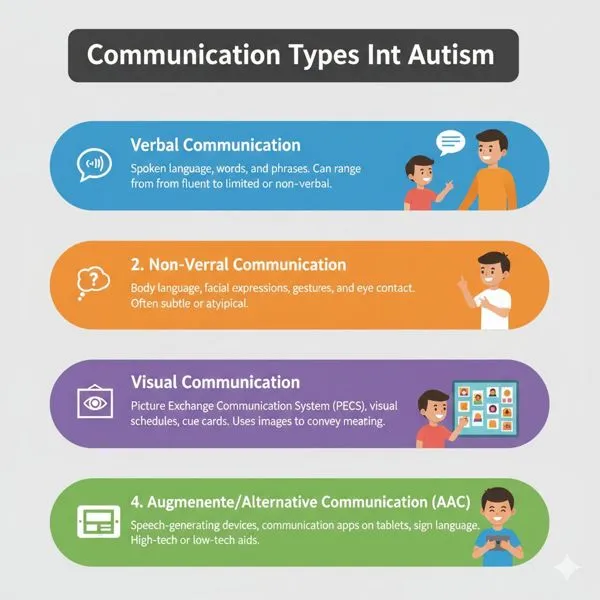 Communication types in autism: verbal, non-verbal, visual (PECS), and AAC