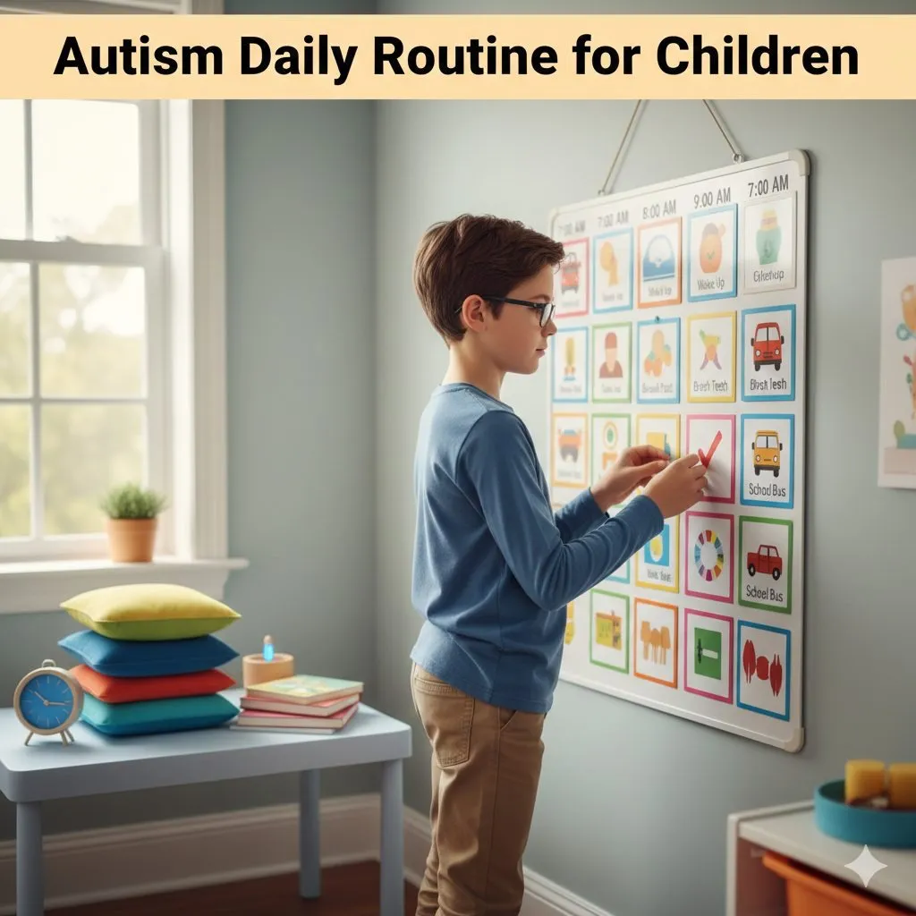 Autism Daily Routine for Children: boy using a visual picture schedule