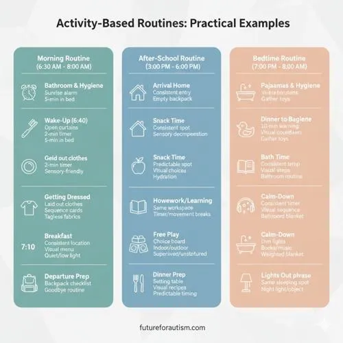 Activity-based routine infographic: morning, after-school, bedtime
