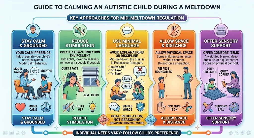 Guide to calming an autistic child during a meltdown: stay calm and grounded, reduce stimulation, use minimal language, allow space and distance, and offer sensory support like deep pressure or a weighted blanket