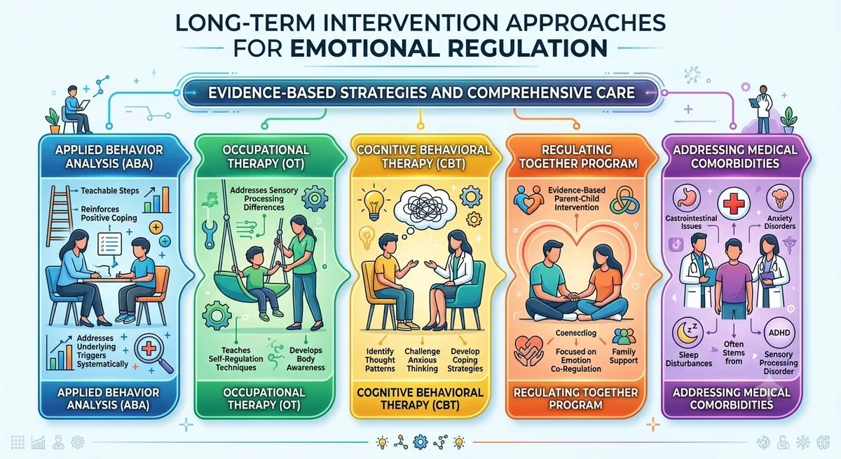 Long-term intervention approaches for autism emotional regulation: Applied Behavior Analysis (ABA), Occupational Therapy (OT), Cognitive Behavioral Therapy (CBT), the Regulating Together parent-child program, and addressing medical comorbidities like gastrointestinal issues, anxiety disorders, sleep disturbances, ADHD, and sensory processing disorder