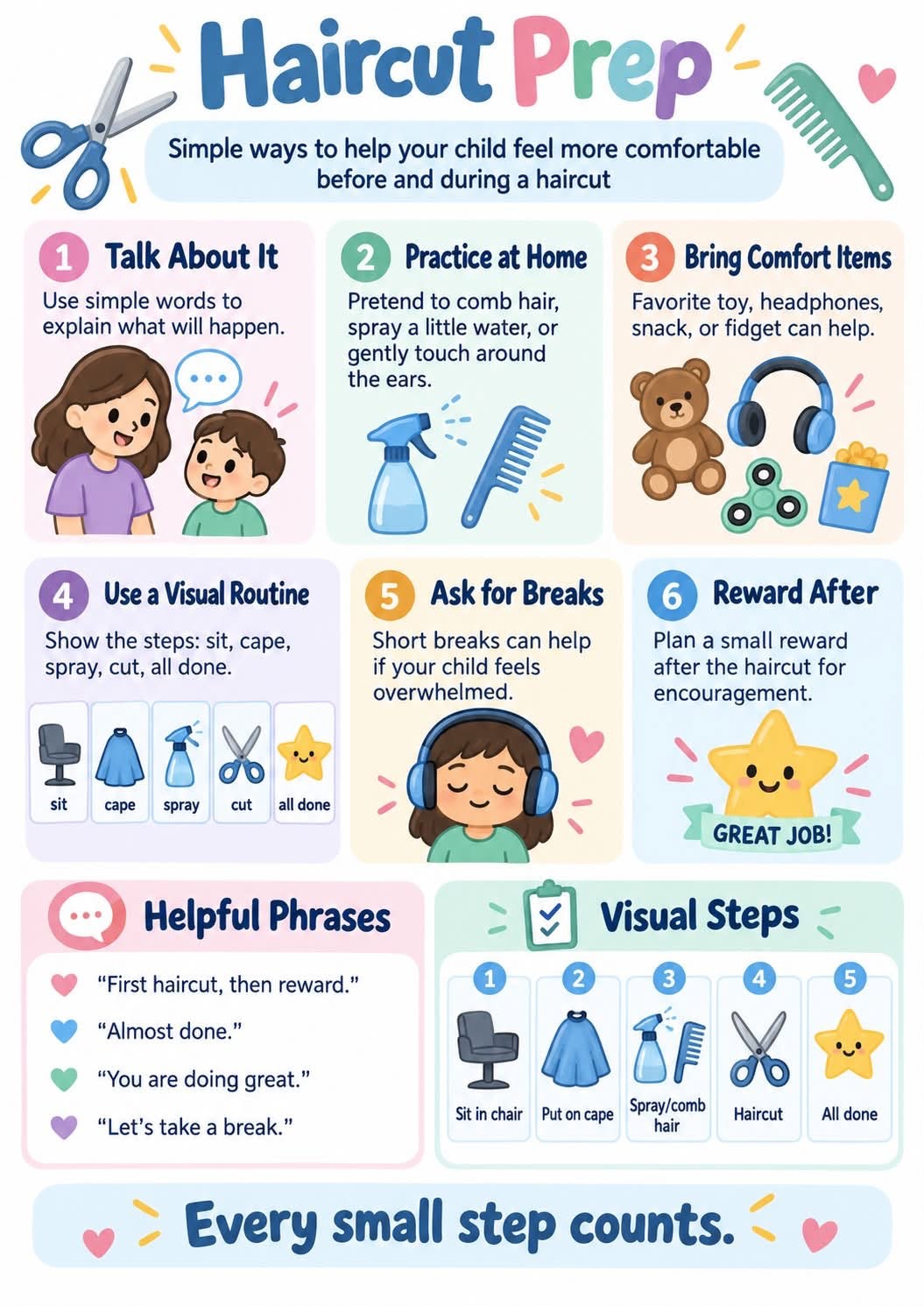 Haircut Prep infographic: 6 tips to help a child feel comfortable before and during a haircut — talk about it, practice at home, bring comfort items, use a visual routine, ask for breaks, reward after — plus helpful phrases and 5 visual steps (sit in chair, put on cape, spray/comb hair, haircut, all done).