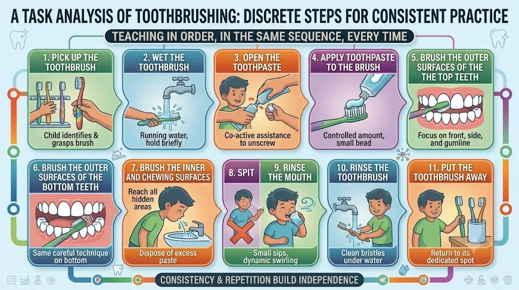 Task analysis infographic of toothbrushing broken into 11 discrete steps: pick up the toothbrush, wet the toothbrush, open the toothpaste, apply toothpaste to the brush, brush the outer surfaces of the top teeth, brush the outer surfaces of the bottom teeth, brush the inner and chewing surfaces, spit, rinse the mouth, rinse the toothbrush, and put the toothbrush away.