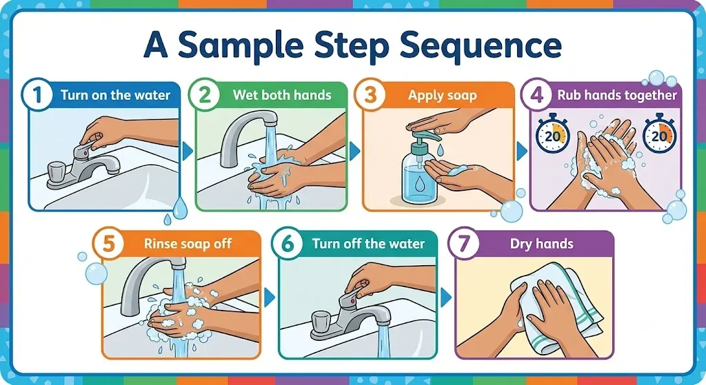 Sample seven step handwashing sequence: turn on the water, wet both hands, apply soap, rub hands together, rinse soap off, turn off the water, and dry hands, illustrated as a numbered visual sequence.