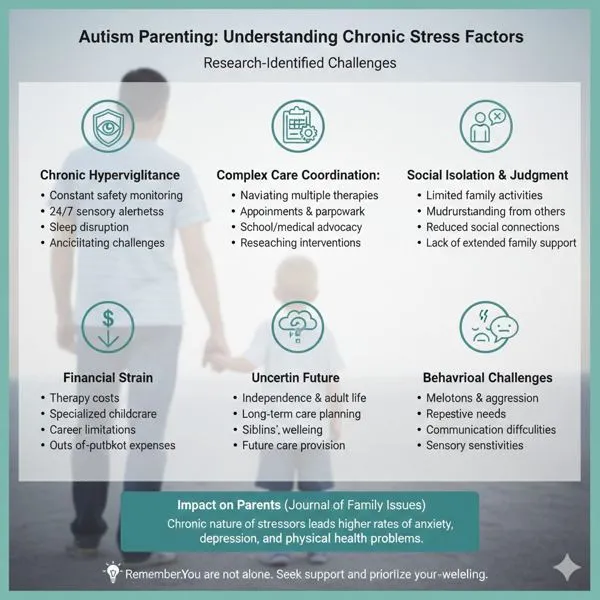 Autism parenting: understanding chronic stress factors, including hypervigilance, care coordination, isolation, financial strain, an uncertain future, and behavioral challenges