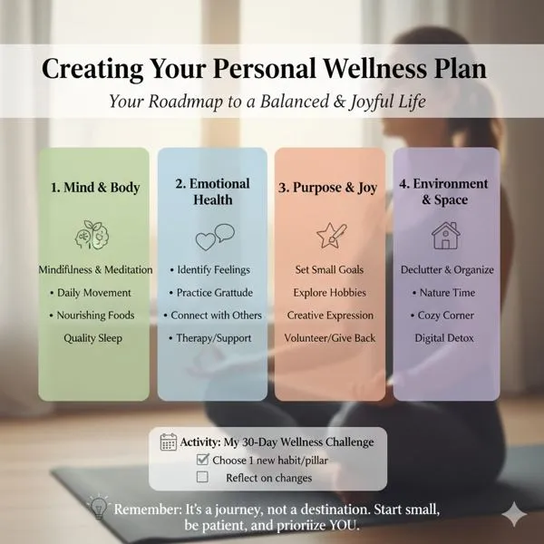 Creating your personal wellness plan: mind and body, emotional health, purpose and joy, and environment and space