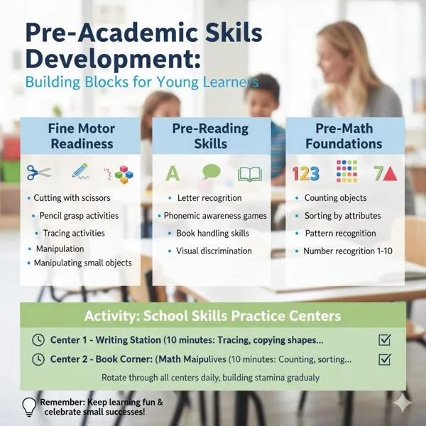 Pre-academic skills development: fine motor readiness, pre-reading skills, and pre-math foundations
