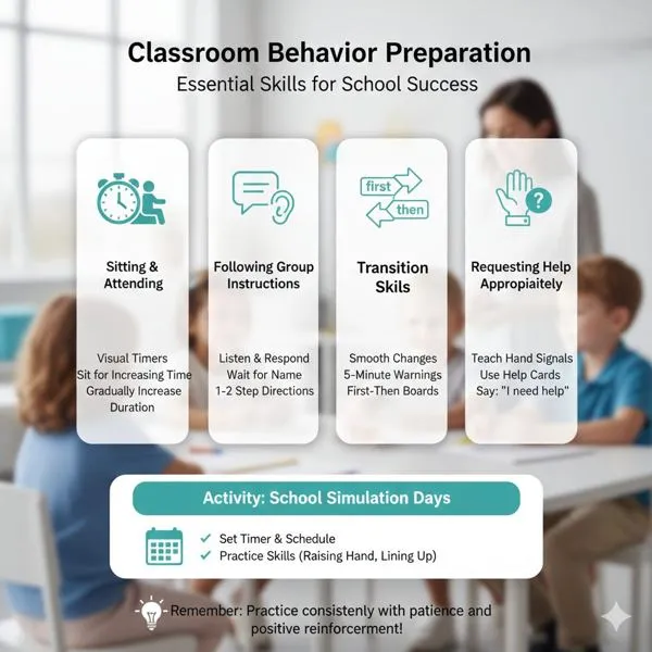Classroom behavior preparation: sitting and attending, following group instructions, transition skills, and requesting help