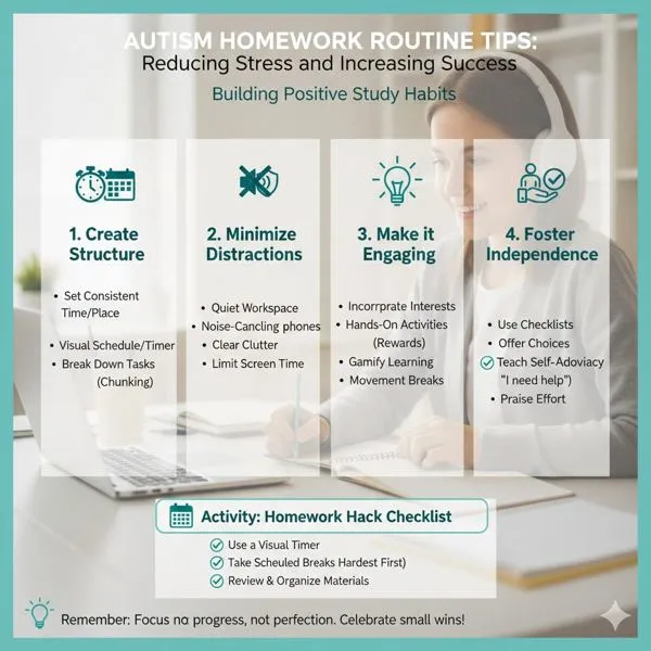 Autism homework routine tips: creating structure, minimizing distractions, making it engaging, and fostering independence