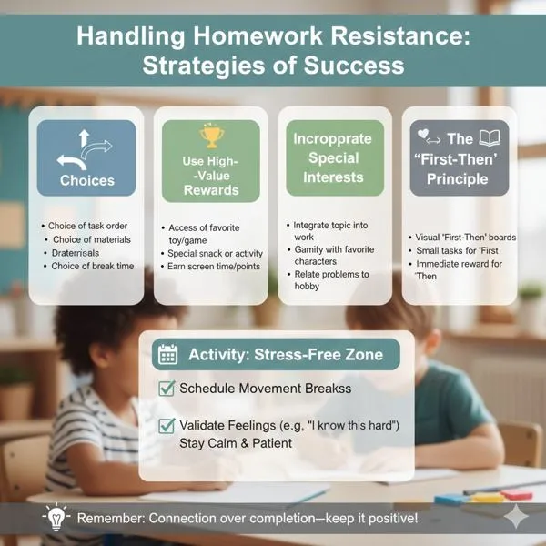 Handling homework resistance: choices, high-value rewards, special interests, and the first-then principle