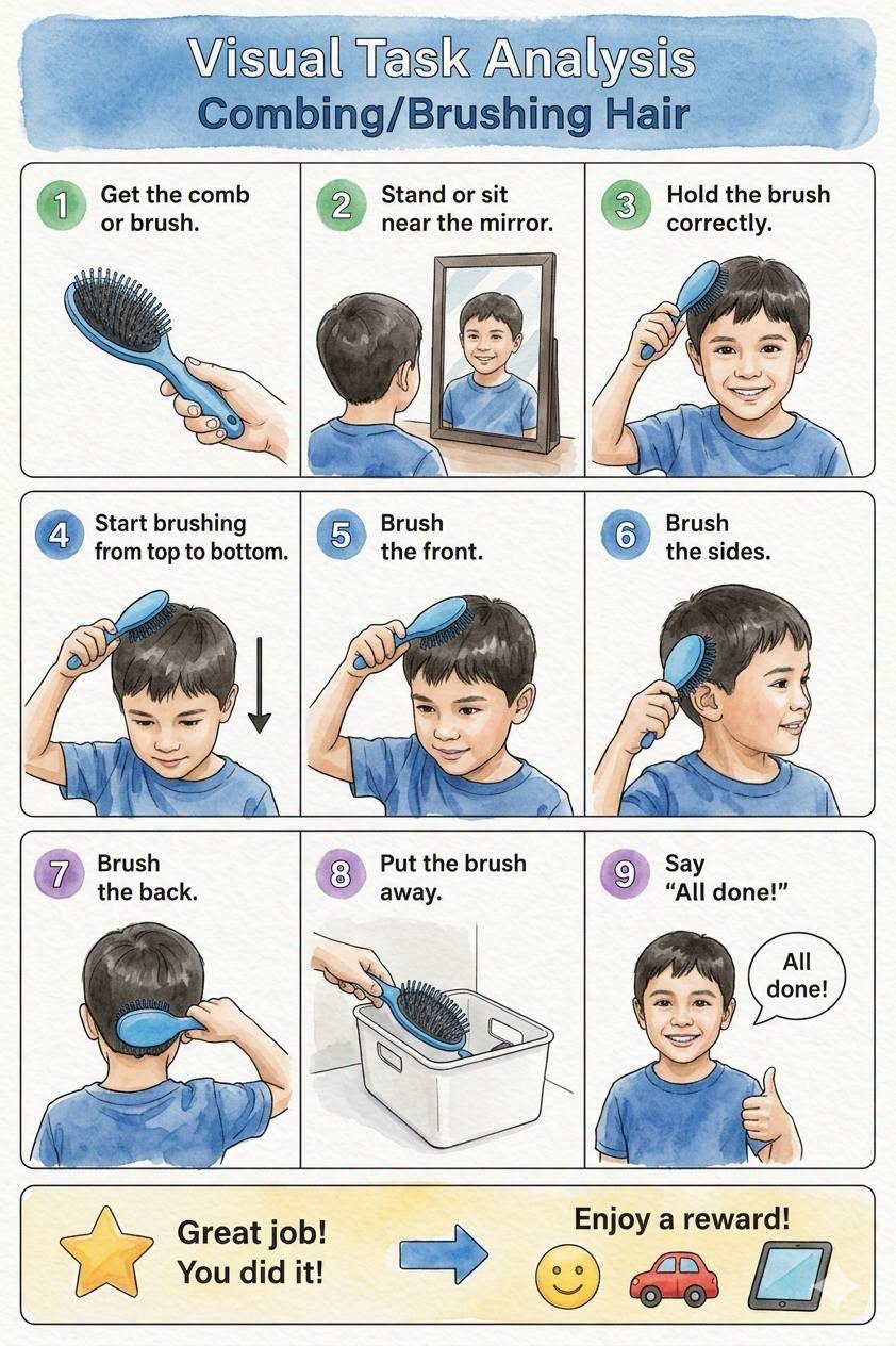 Hair Brushing Task Analysis (boy version): 9-step visual chart showing get the comb or brush, stand near the mirror, hold the brush correctly, brush top to bottom, brush the front, brush the sides, brush the back, put the brush away, say all done.