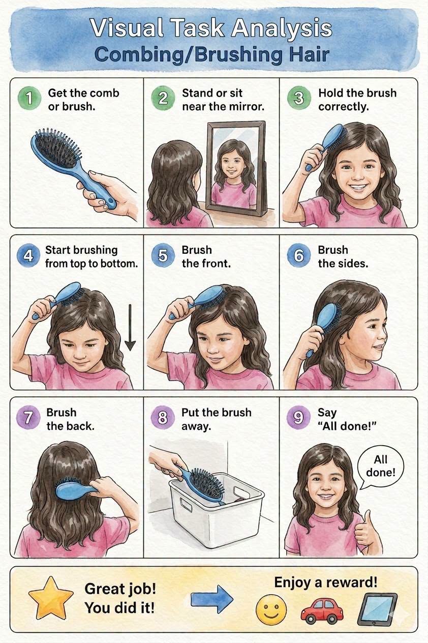 Hair Brushing Task Analysis (girl version): the same 9-step visual chart with a girl character, showing get the comb or brush, stand near the mirror, hold the brush correctly, brush top to bottom, brush the front, brush the sides, brush the back, put the brush away, say all done.