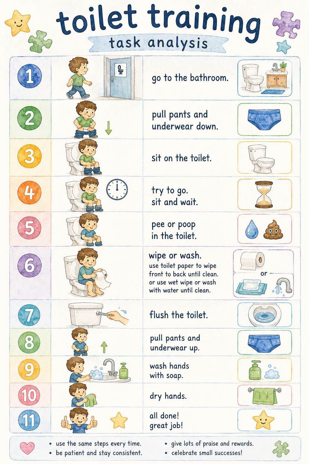 Toilet Training Task Analysis: 11-step visual chart from go to the bathroom through wash and dry hands, all done.